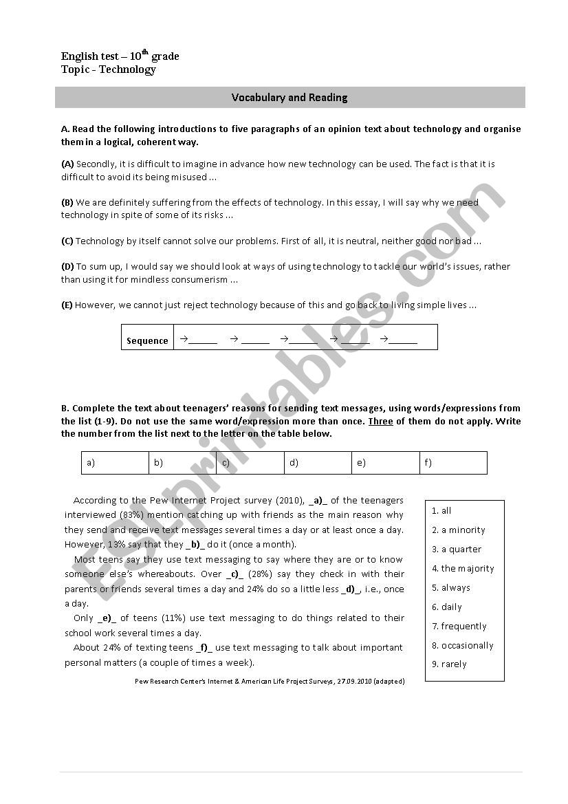 Texting teenagers reading and vocabulary test