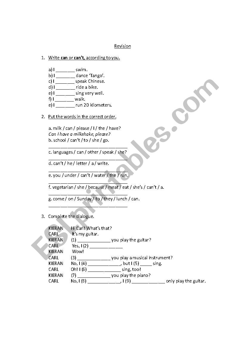 Can or Can´t worksheet