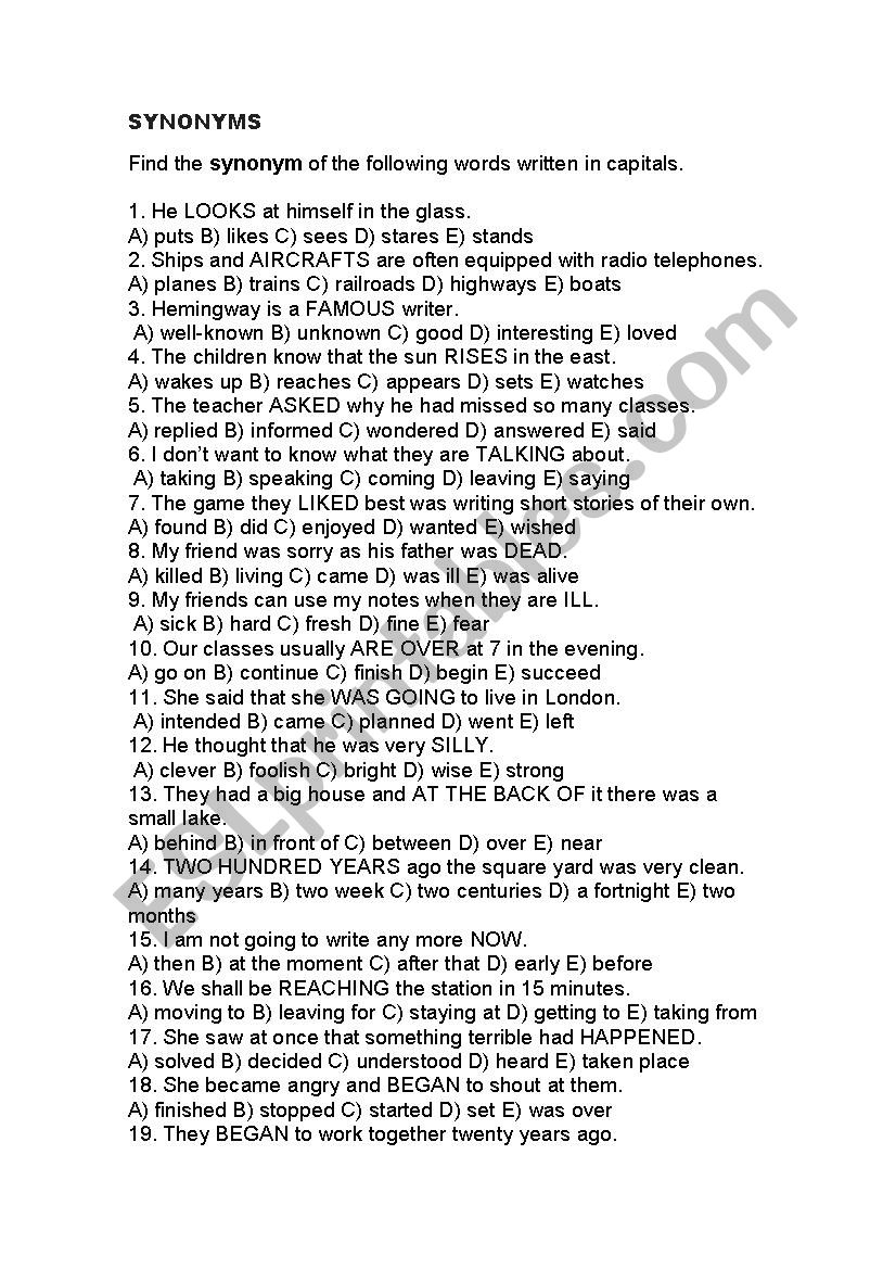 synonims worksheet