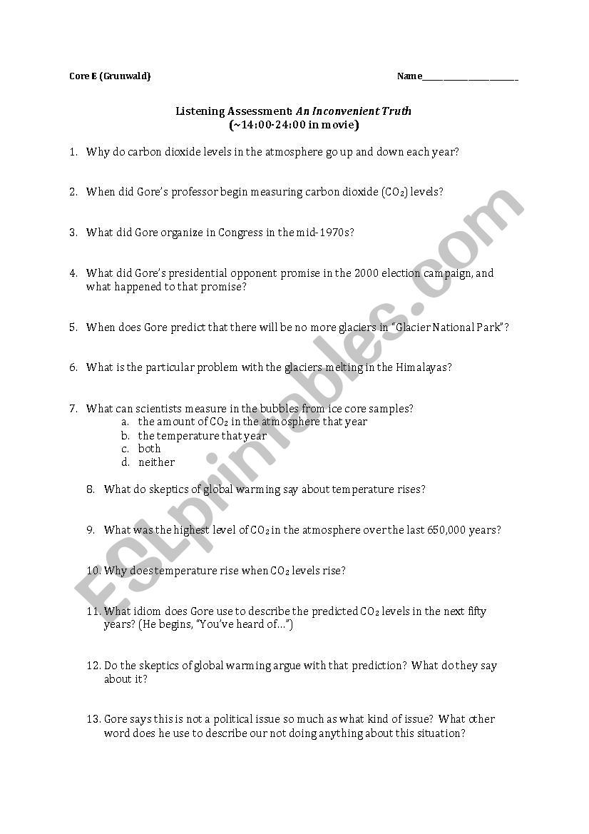 An Inconvenient Truth--comprehension assessment