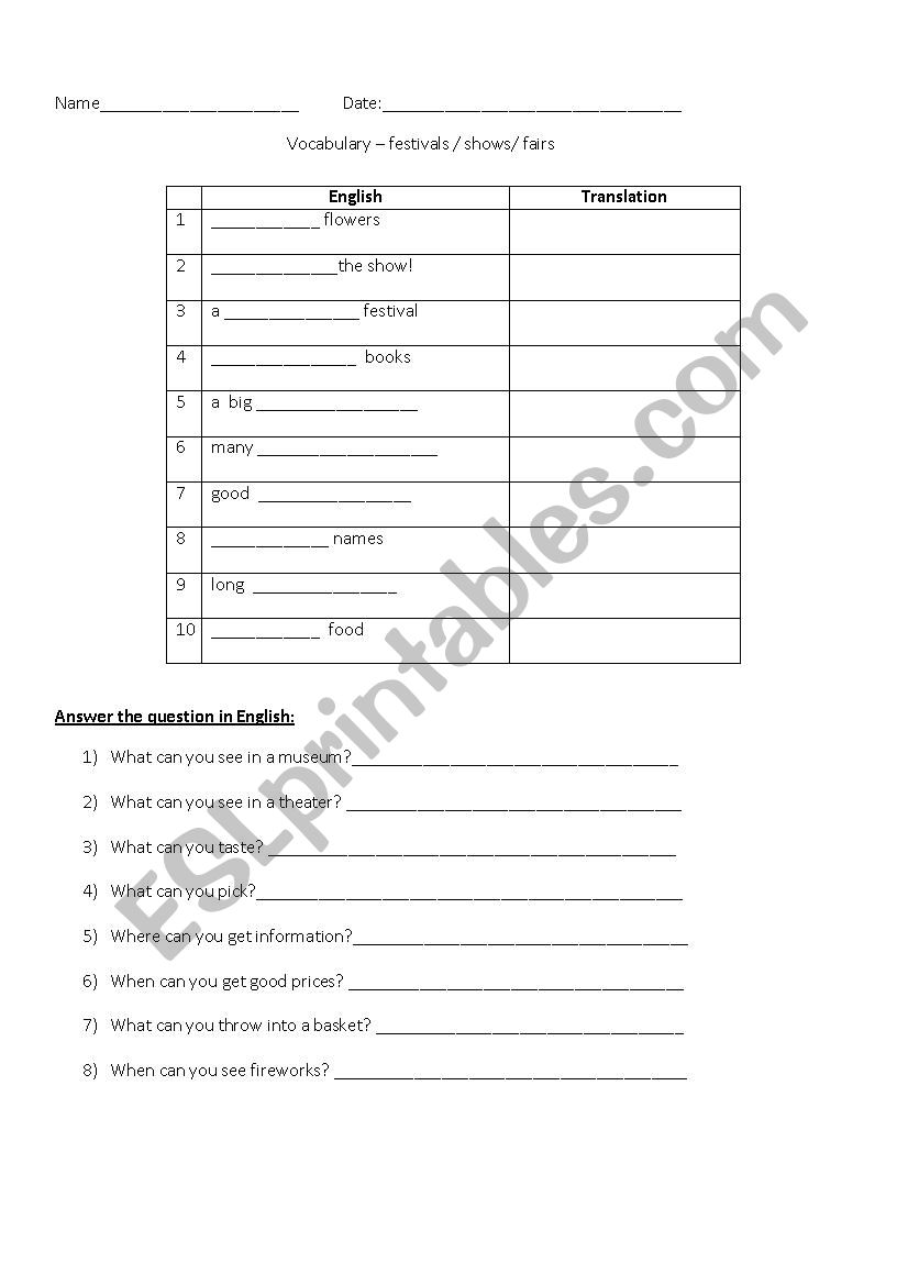 Festivals and shows worksheet