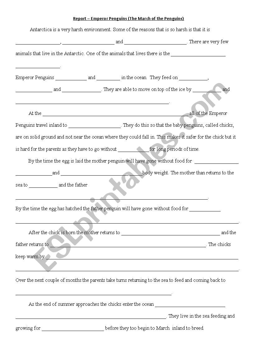 Report on Emperor Penguins worksheet