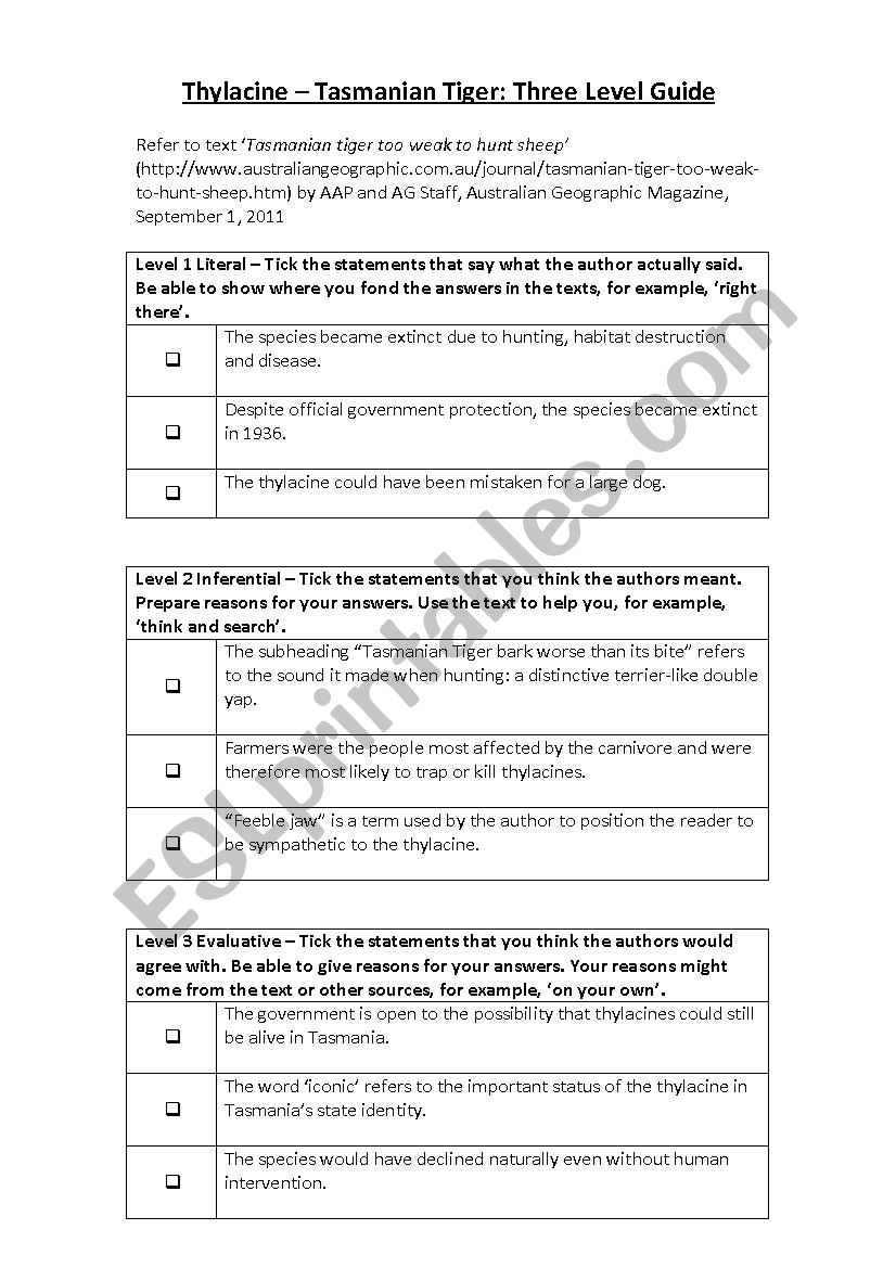 Tasmanian Tiger 3 level guide worksheet