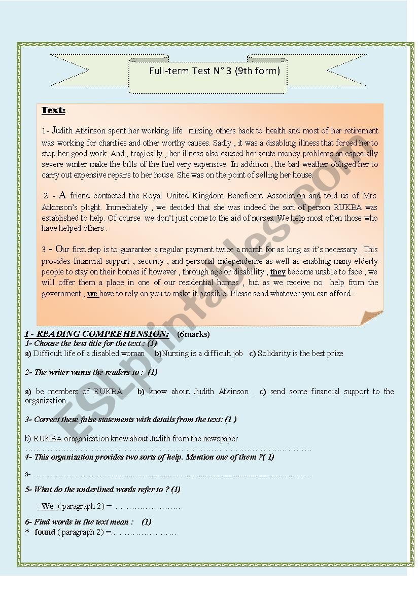 9 th form full-term test worksheet