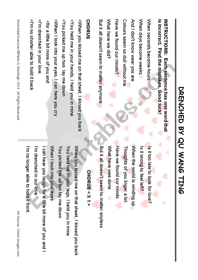 Song Worksheet for Drenched by Qu Wang Ting (Wanting)