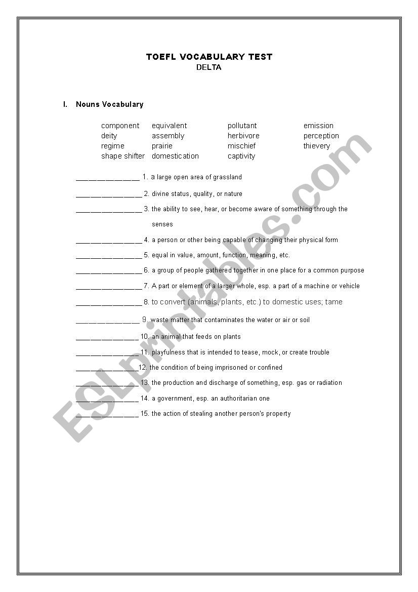 Deltas Key to the Next Generation TOEFL Test Reading 1 Vocabulary Test