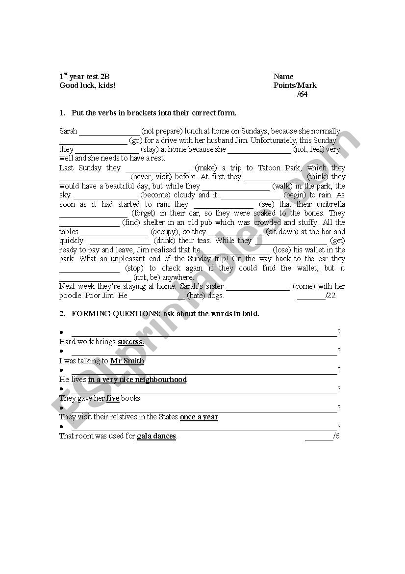 intermediate test - verb forms, word formation, questions, gap fill, etc.