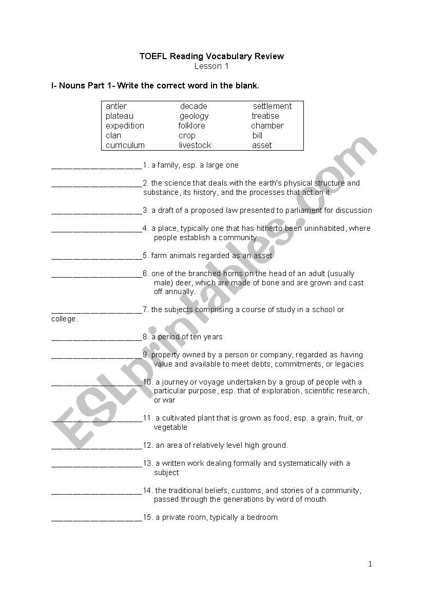Bruce Rogers TOEFL Reading Chapter 1 Vocabulary Test 