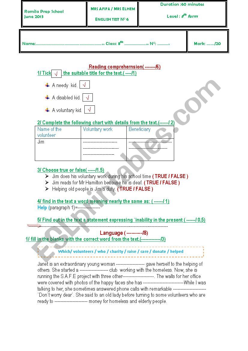 9th form test third term worksheet