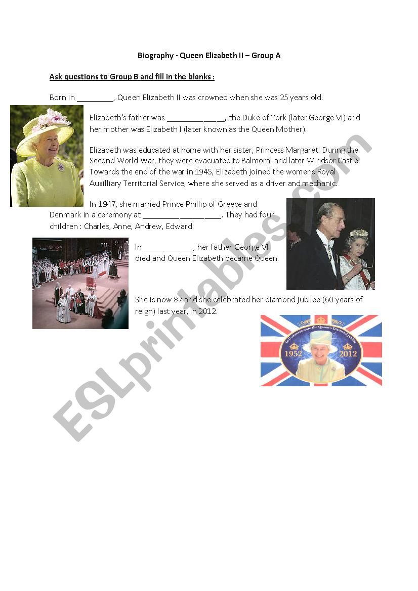 Biography Queen Elizabeth II - Past simple - Group work