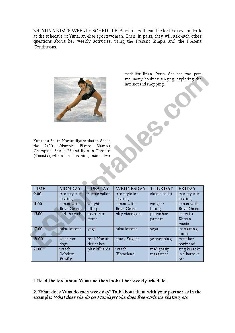 YunaÂ´s weekly schedule! worksheet