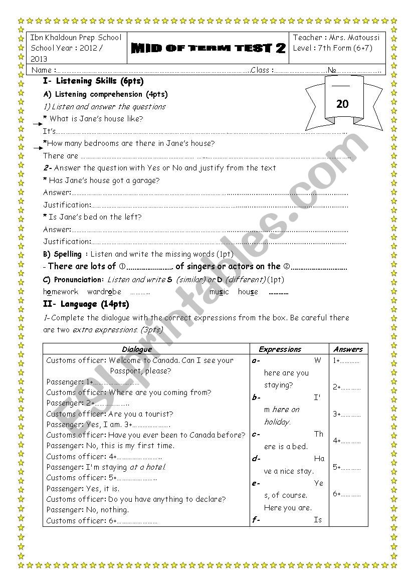 MID-TERM TEMST 2 7TH FOR worksheet