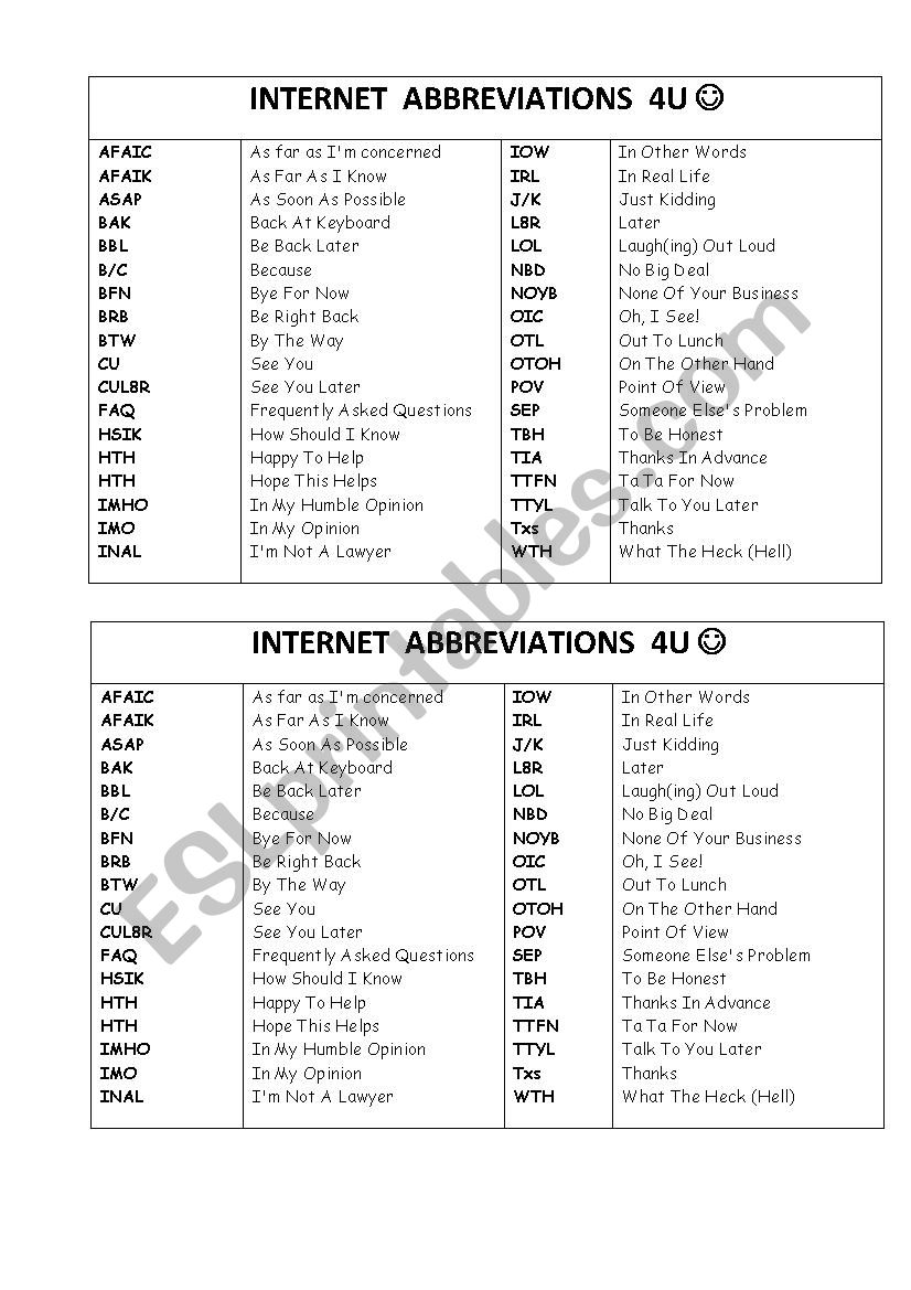 Internet chat clippings for u worksheet