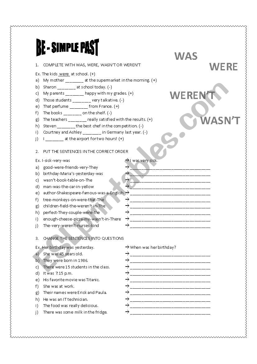 Be - Simple Past worksheet