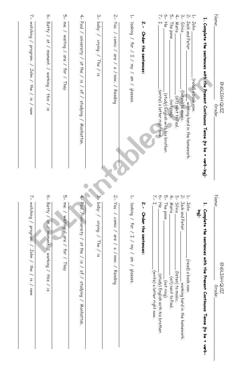 Present Continuous Quiz worksheet