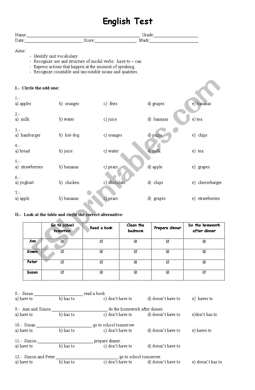 English Test 6th grade worksheet