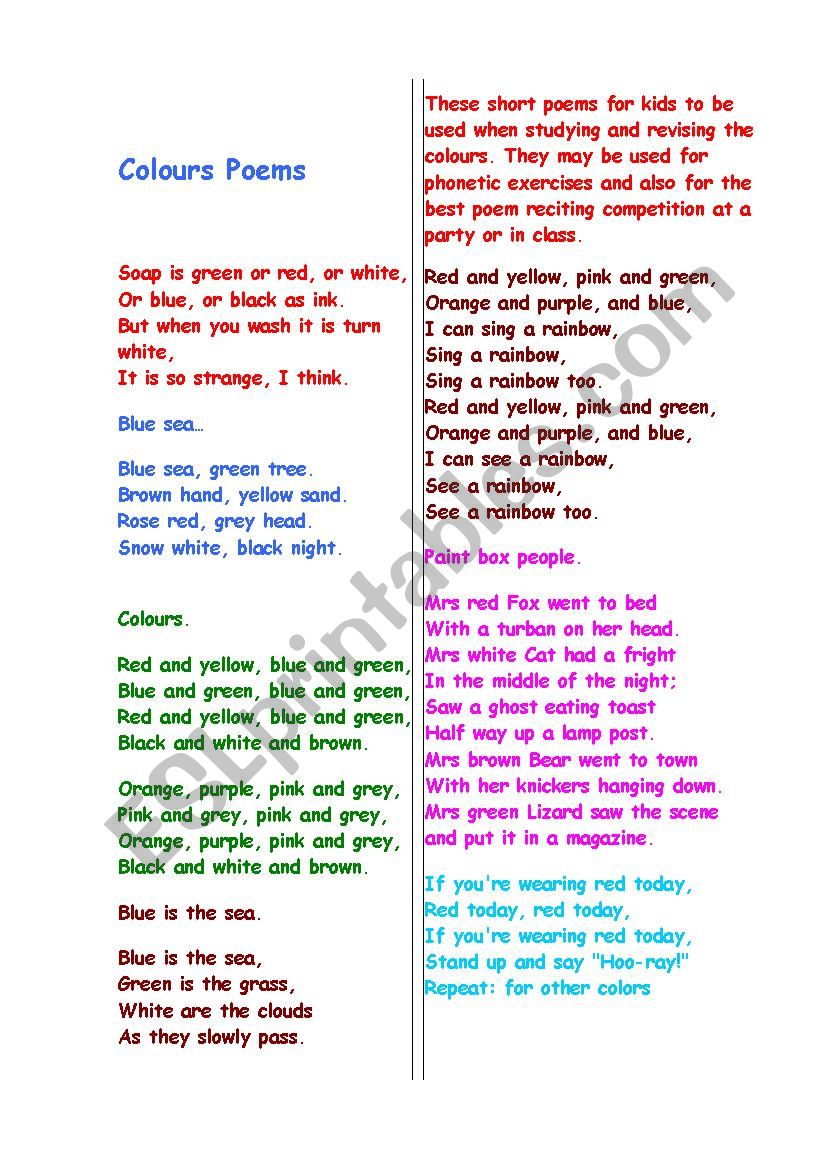 COLOURS POEMS 2 + A Game  worksheet