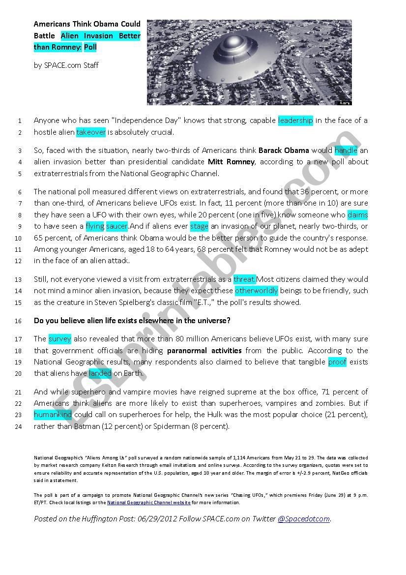  a poll about aliens  worksheet