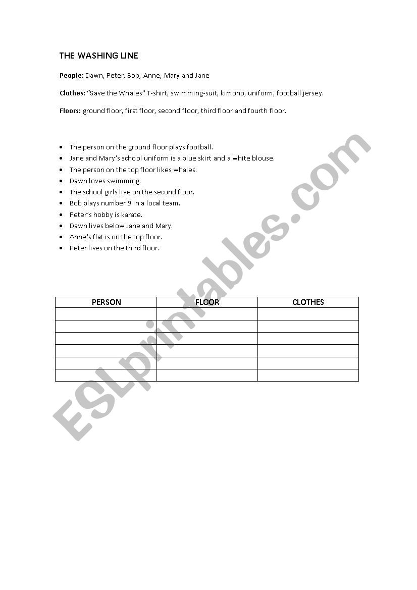 The washing line worksheet