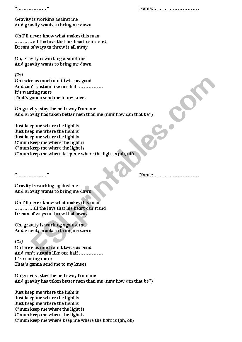 Gravity-John Mayer worksheet