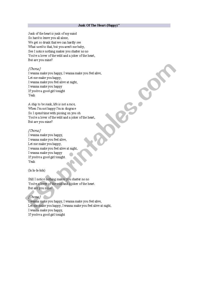 Song - Junk of the Heart  worksheet