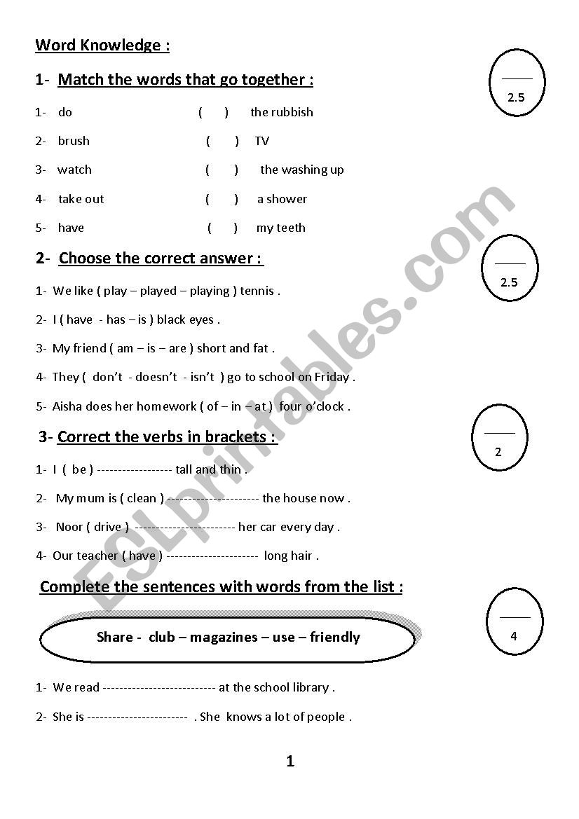 vocabulary & grammar quiz worksheet