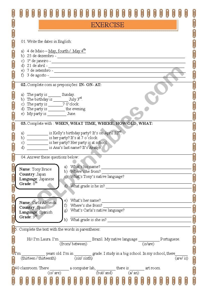 EXERCISE to 7th grade worksheet