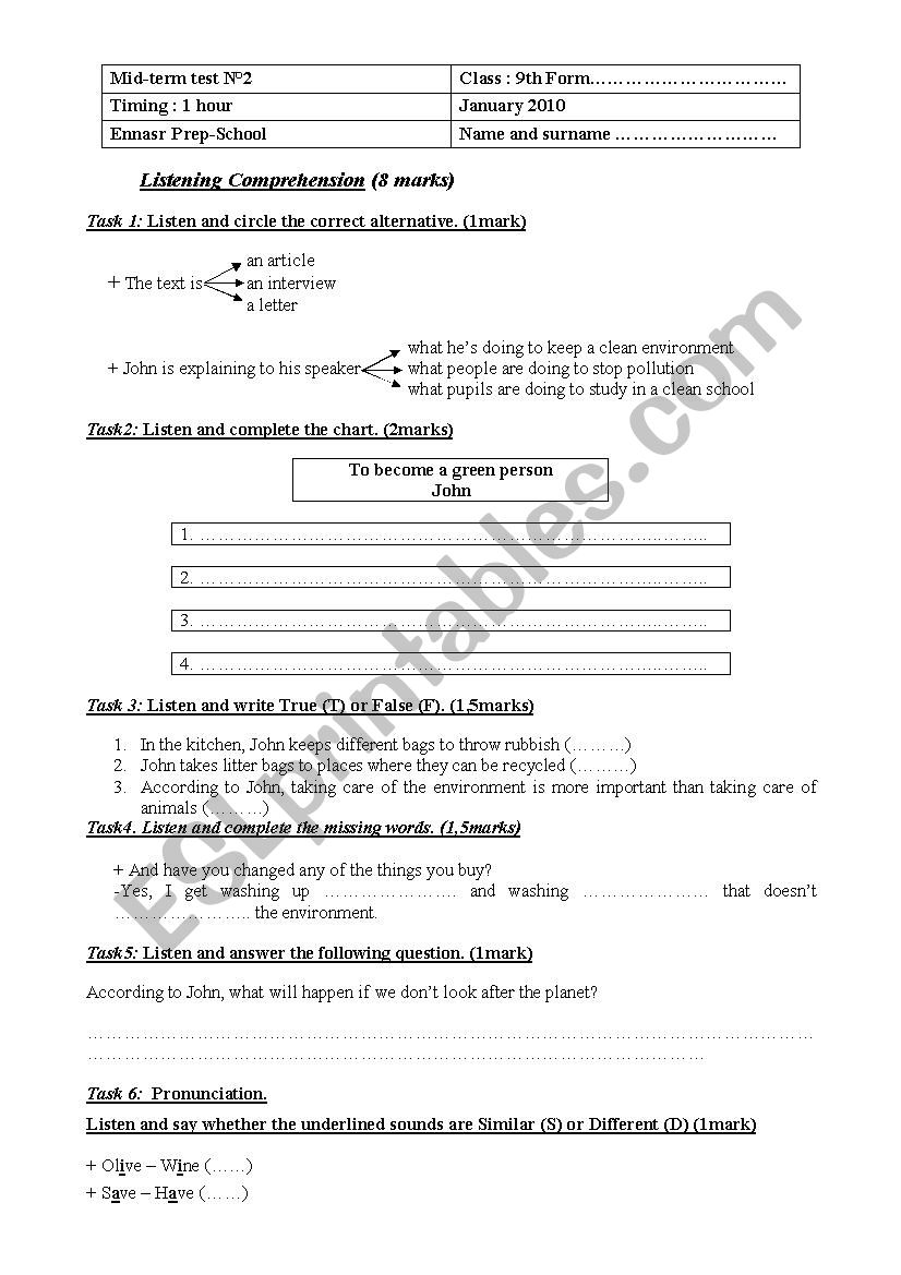 mid term test N 2- 9th form worksheet