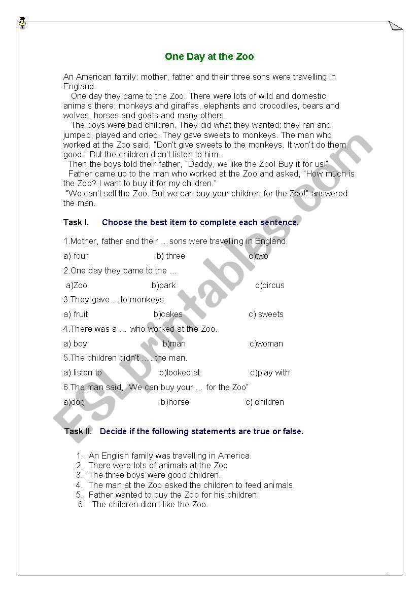One Day in the Zoo worksheet
