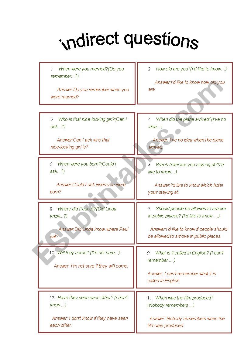 Indirect questions worksheet