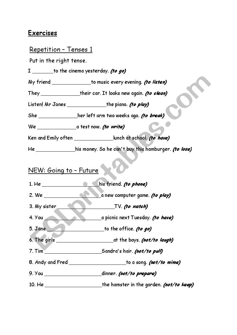 exercises tenses worksheet