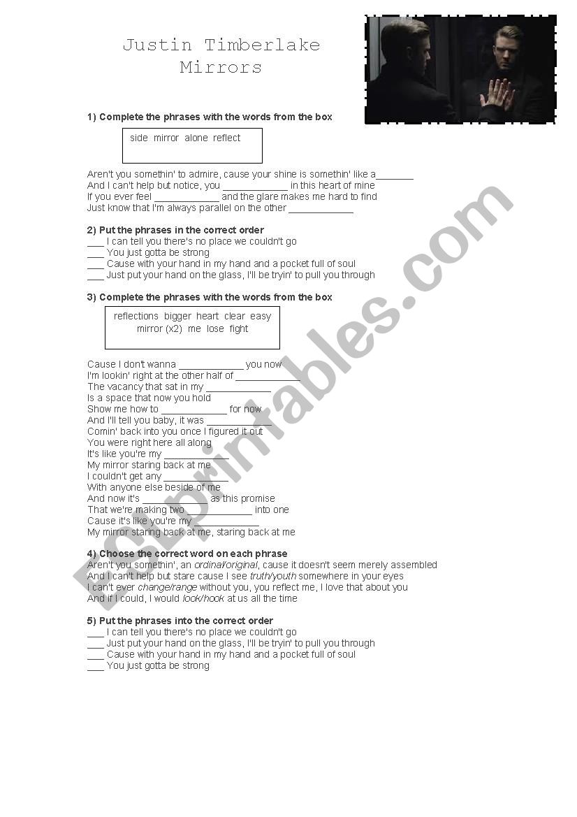 Mirrors by Justin Timberlake worksheet