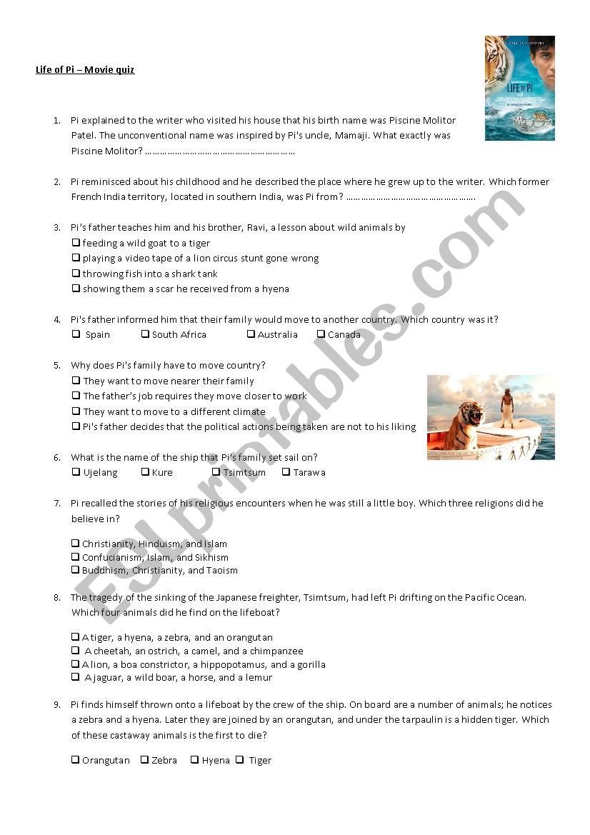 Life of Pi quiz worksheet