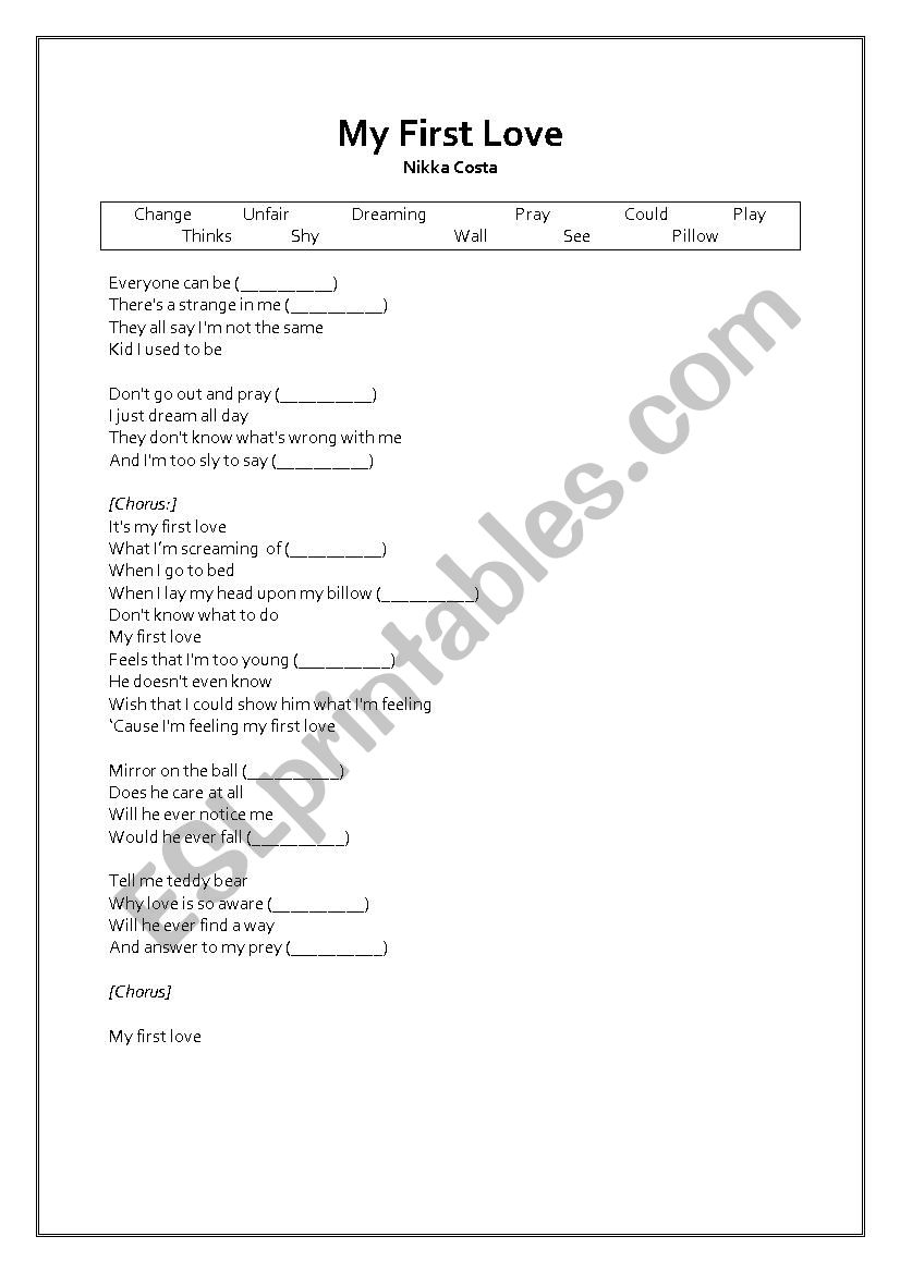 Nikka Costa - My First Love Song Worksheet