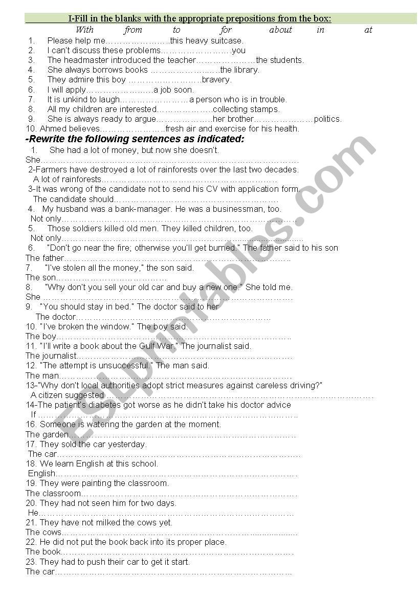 various exercises worksheet