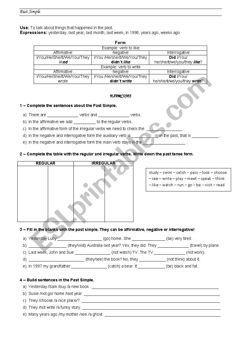 Past Simple grammar worksheet worksheet