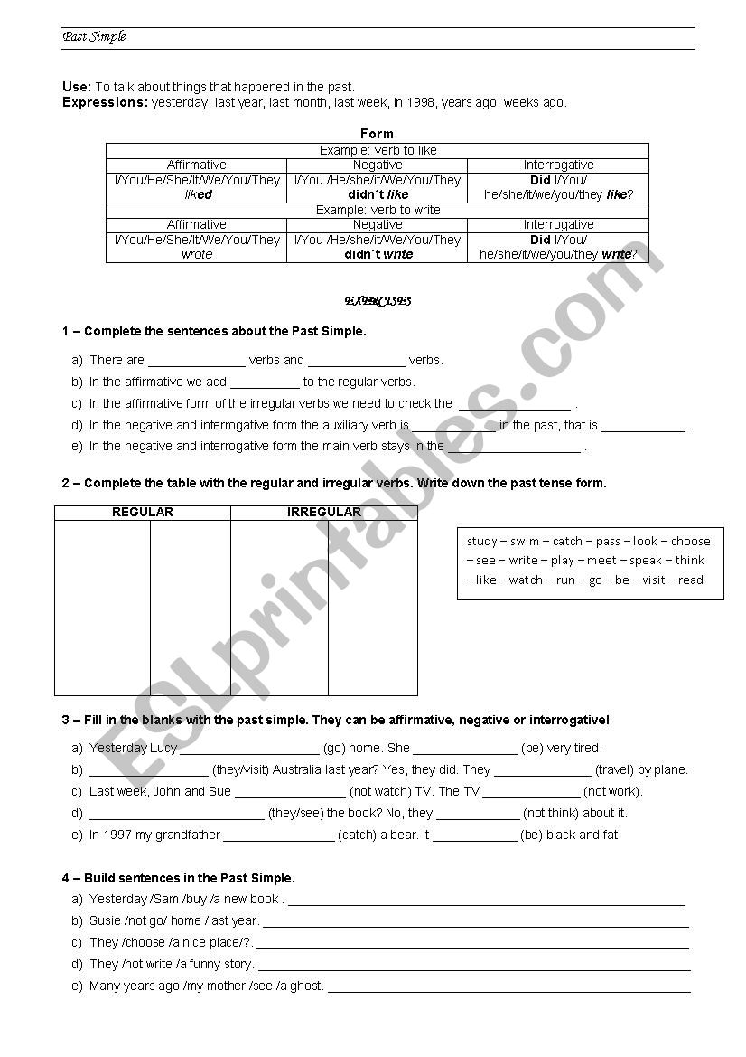 Past Simple grammar worksheet worksheet