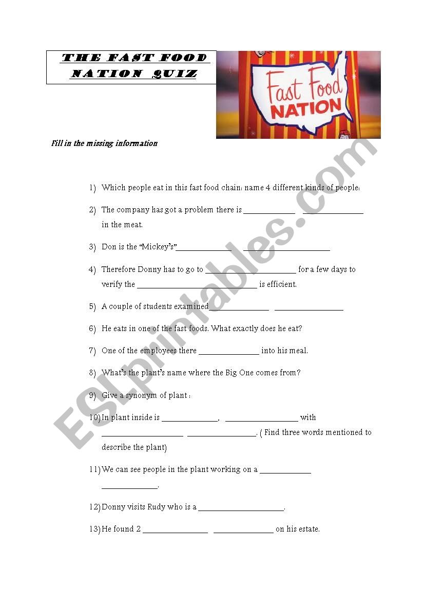  Film: Fast Food Nation Quiz  worksheet