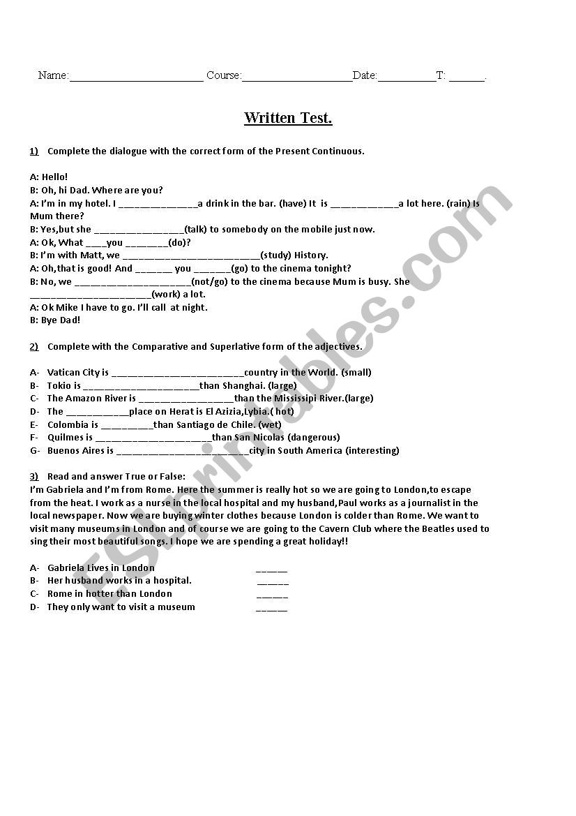 present continuous test worksheet