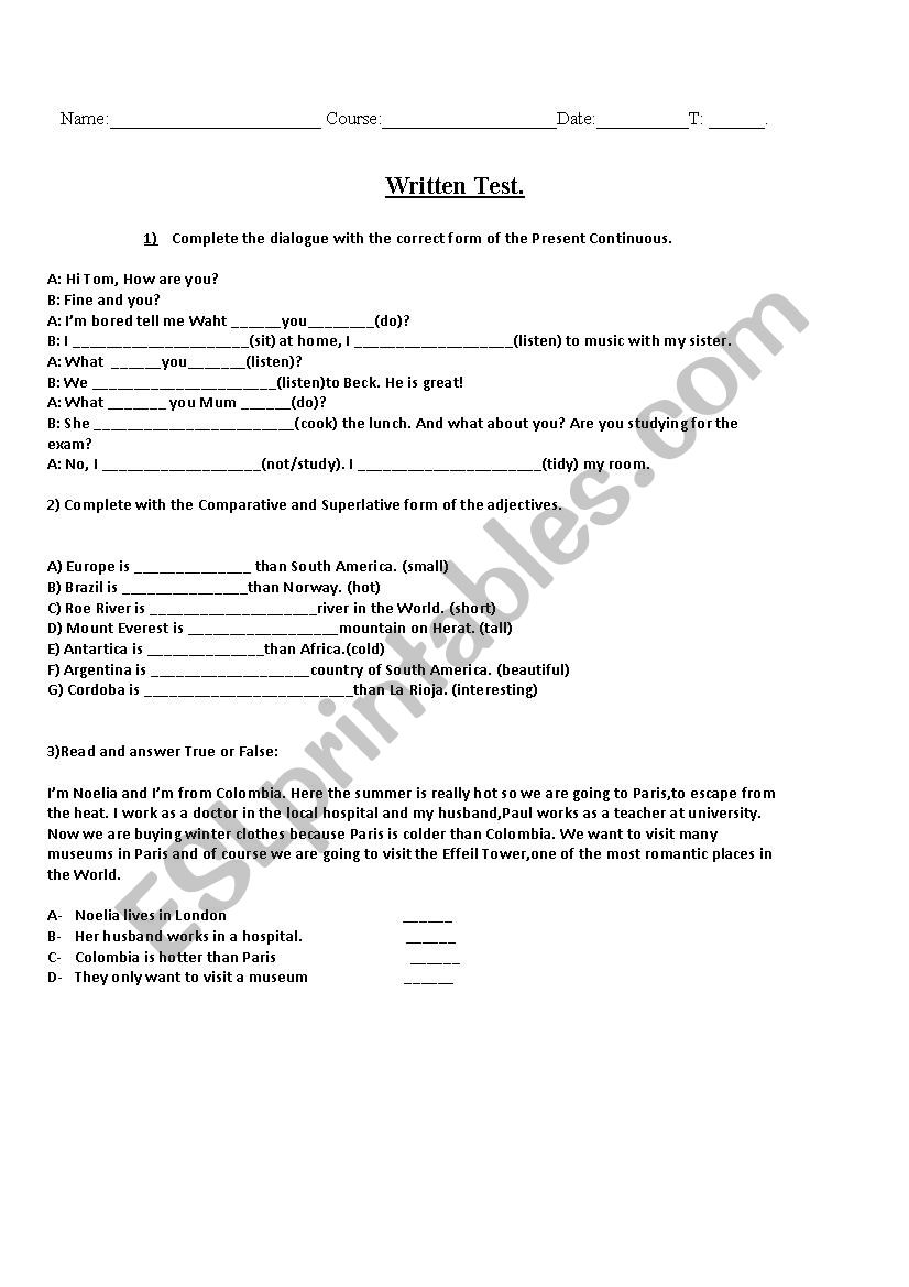 present continuous test worksheet