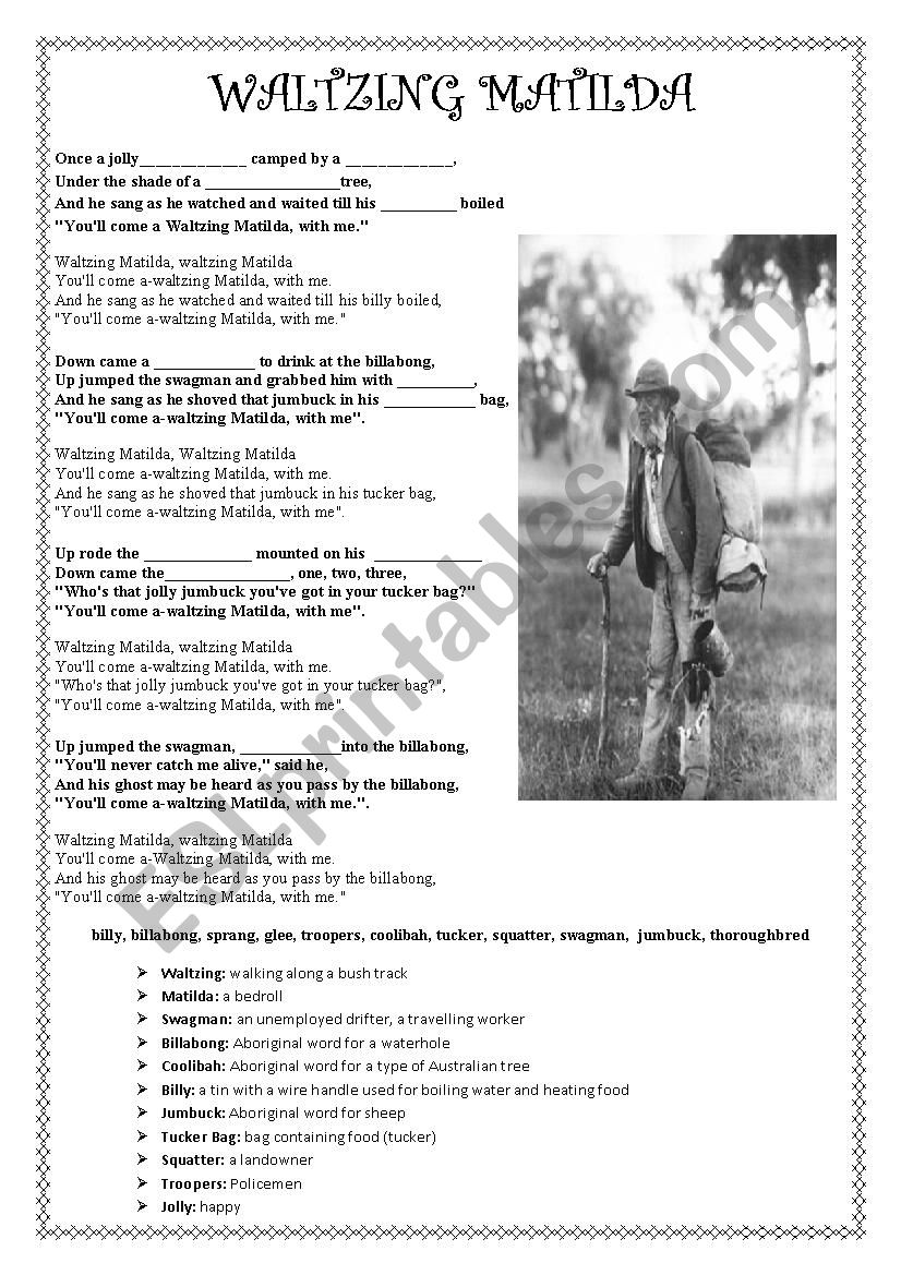 Waltzing Matilda song worksheet