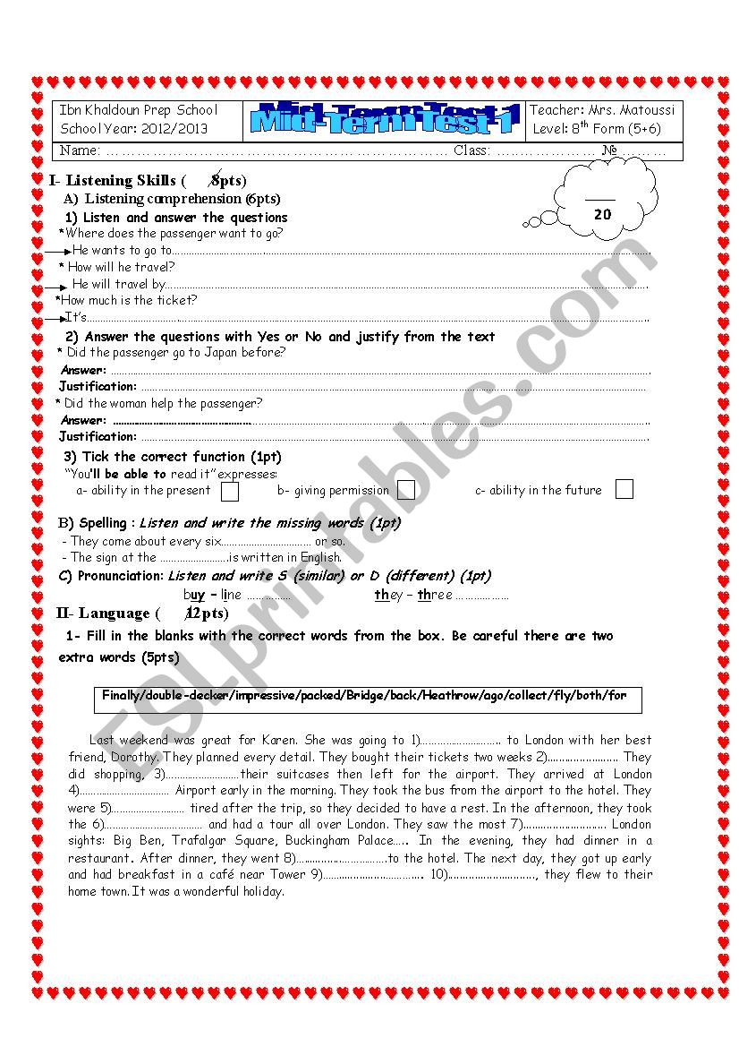 MID-TERM TEMST 1 8TH FORM worksheet