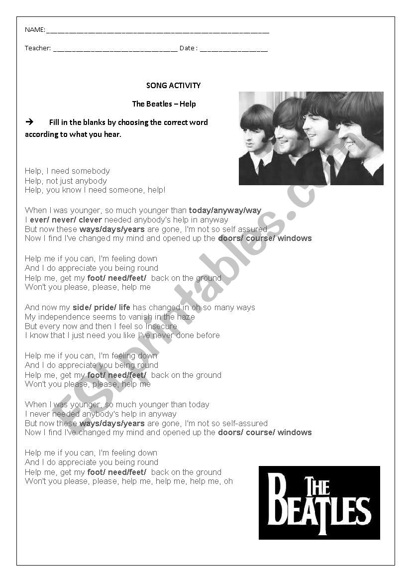 Help by The Beatles worksheet