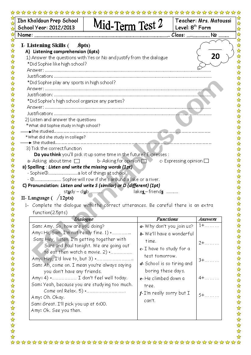 MID TERM TEST 2 8TH FORM worksheet