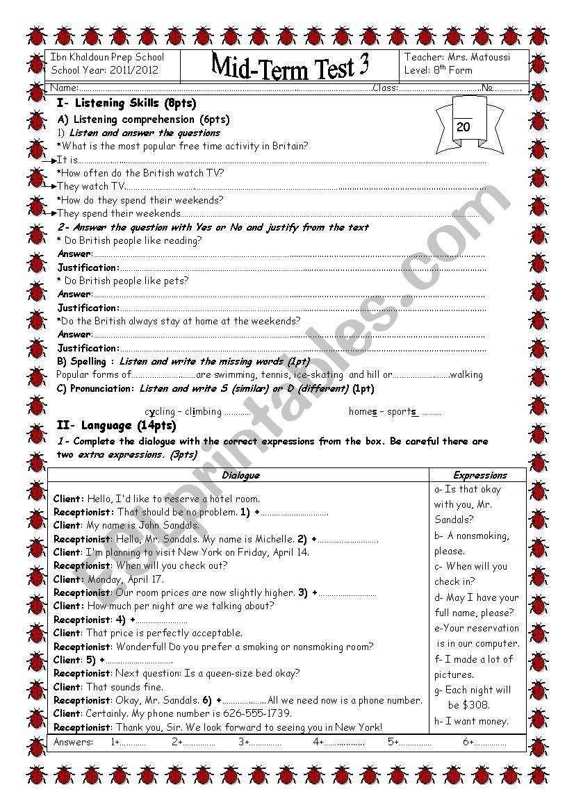 MID TERM TEST 3 8TH FORM worksheet