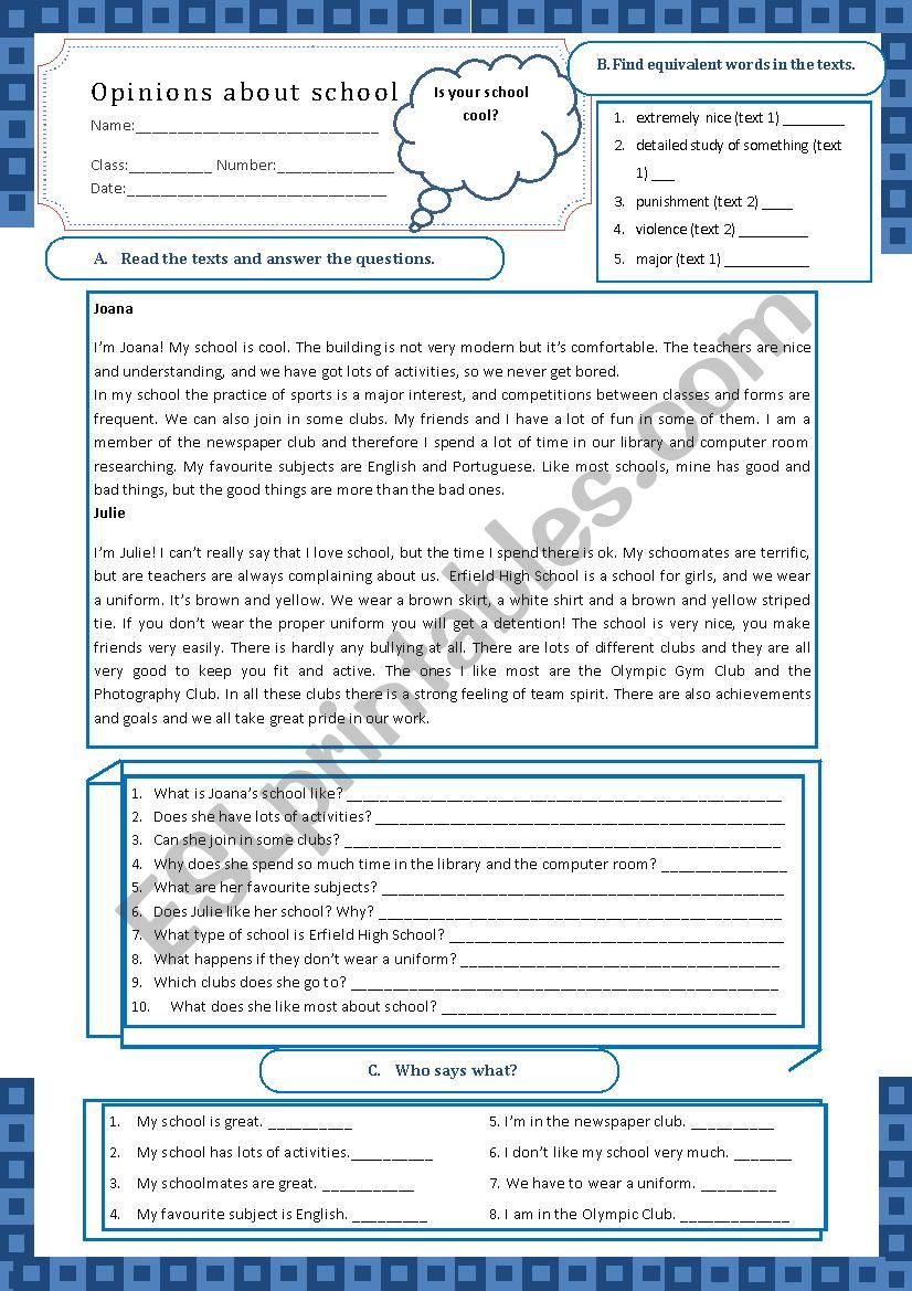 school opinions - (02.06.12) worksheet