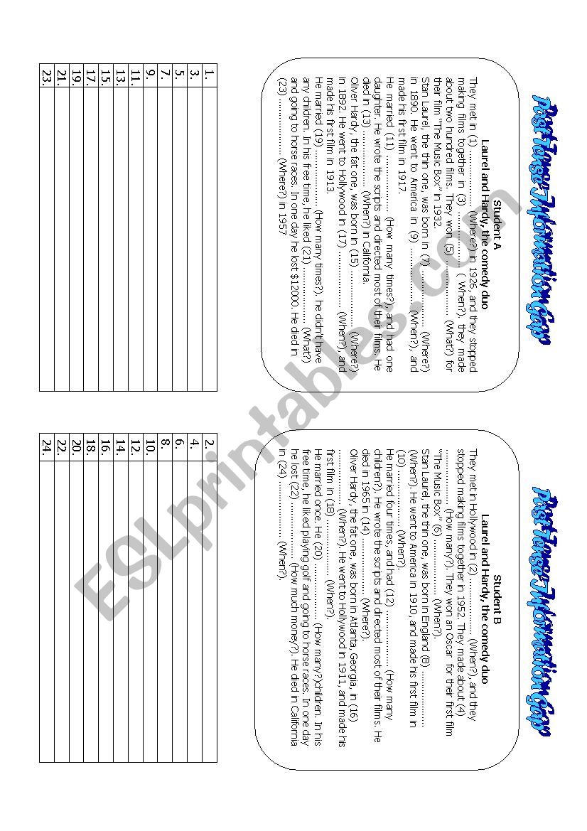 PAST TENSE INFORMATION GAP worksheet