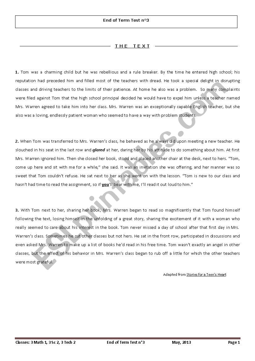 Third form end of term test N° 3 - ESL worksheet by hamza youssef kammoun