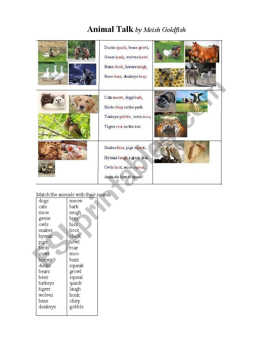 ANIMAL TALK a poem + an exercise (animal sounds) - ESL worksheet by  korova-daisy