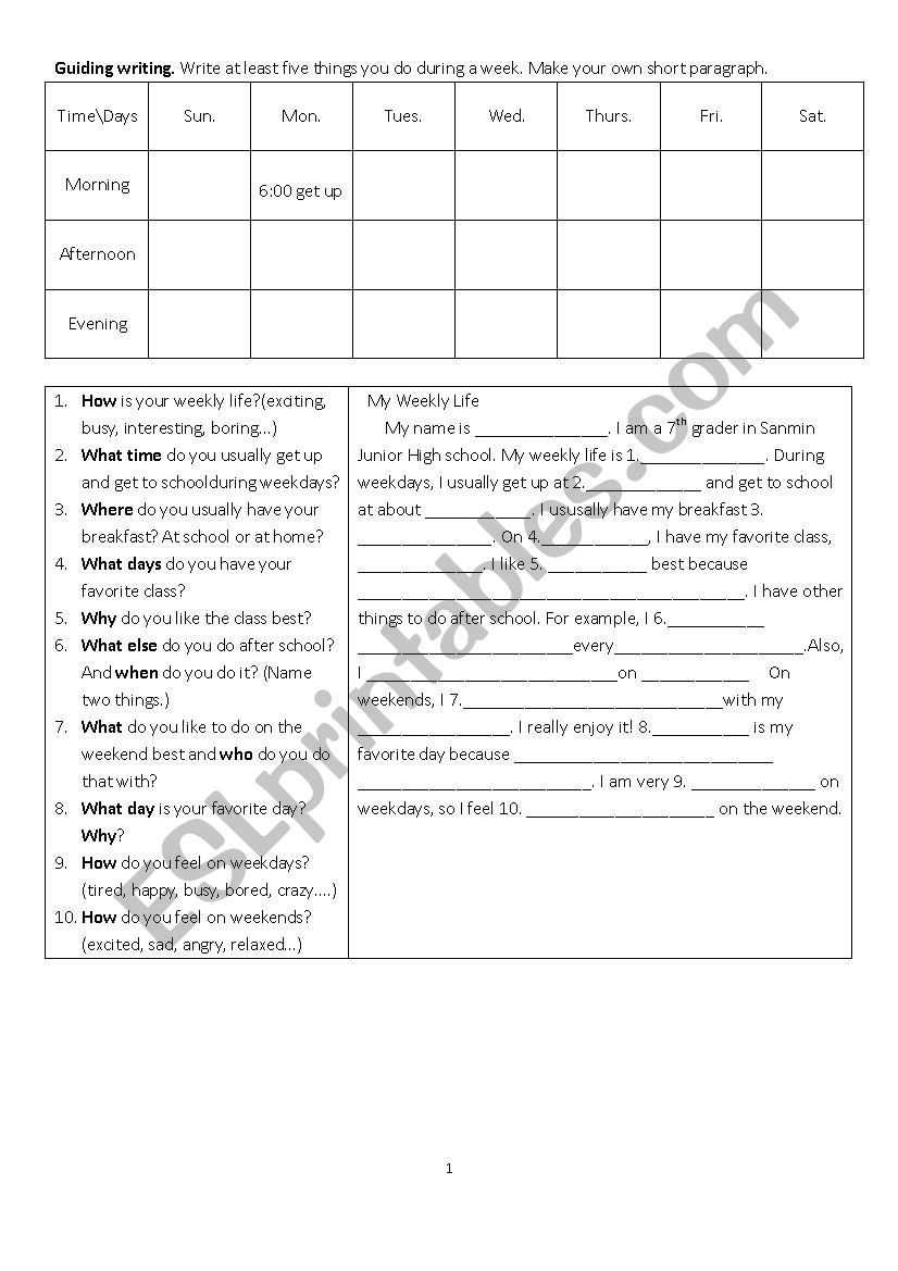 weekly activities worksheet